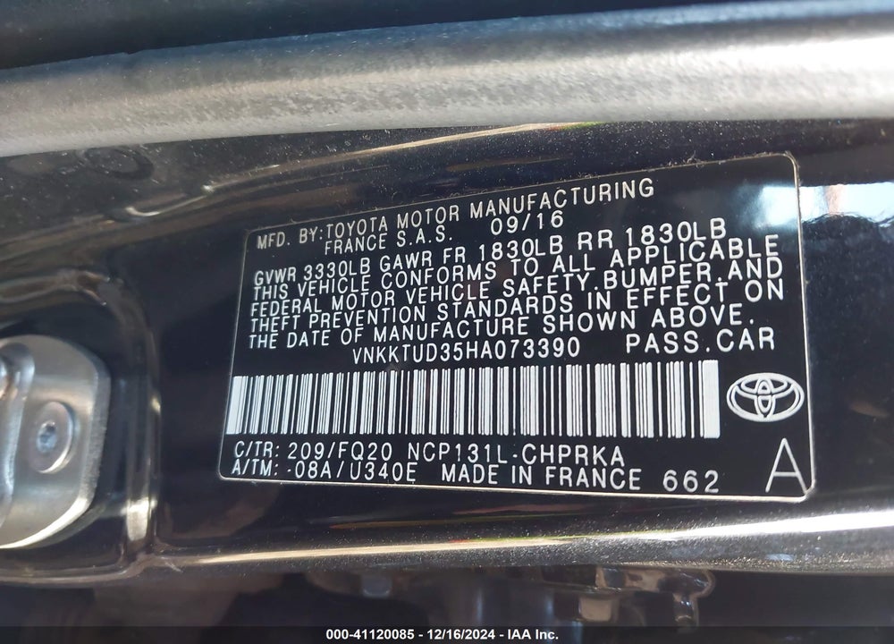 2017 TOYOTA YARIS L VIN: VNKKTUD35HA073390