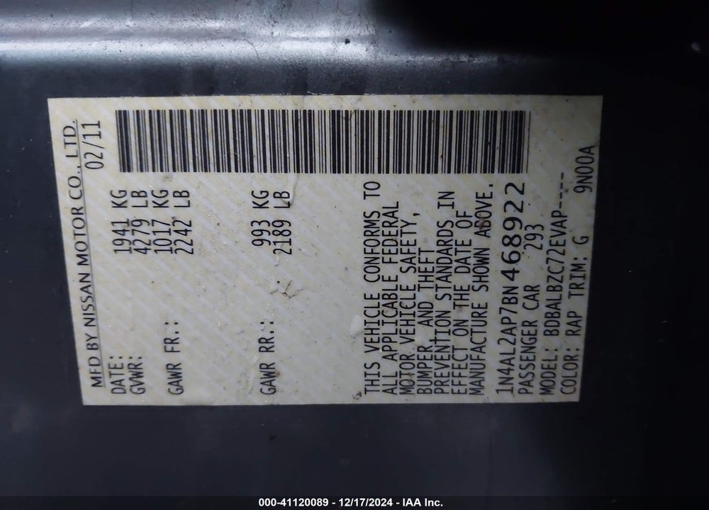 2011 NISSAN ALTIMA 2.5 S VIN: 1N4AL2AP7BN468922