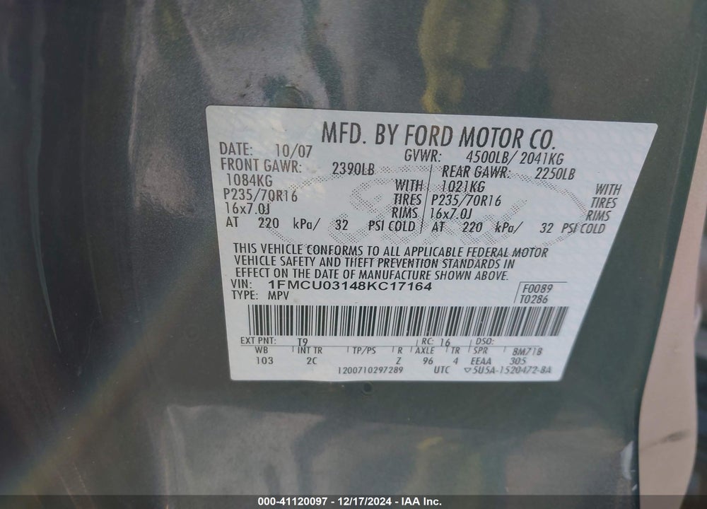 2008 FORD ESCAPE XLT VIN: 1FMCU03148KC17164