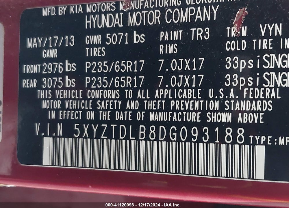 2013 HYUNDAI SANTA FE SPORT VIN: 5XYZTDLB8DG093188
