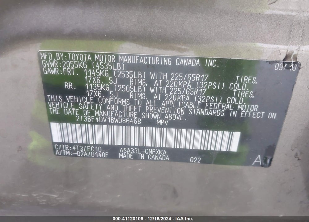 2011 TOYOTA RAV4 VIN: 2T3BF4DV1BW086468