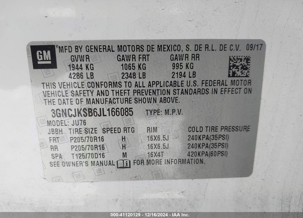 2018 CHEVROLET TRAX LS VIN: 3GNCJKSB6JL166085