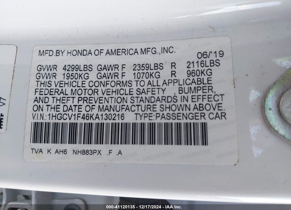 2019 HONDA ACCORD EX VIN: 1HGCV1F46KA130216