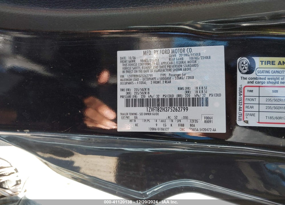 2007 FORD MUSTANG VIN: 1ZVFT82H375262799