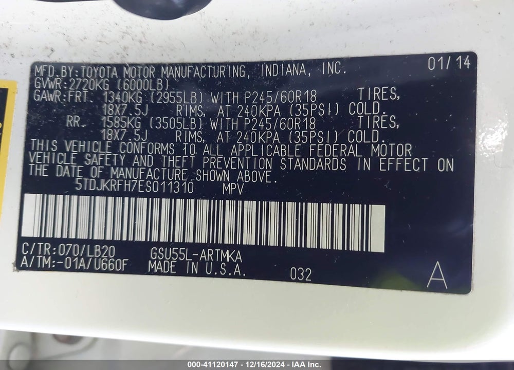 2014 TOYOTA HIGHLANDER XLE V6 VIN: 5TDJKRFH7ES011310