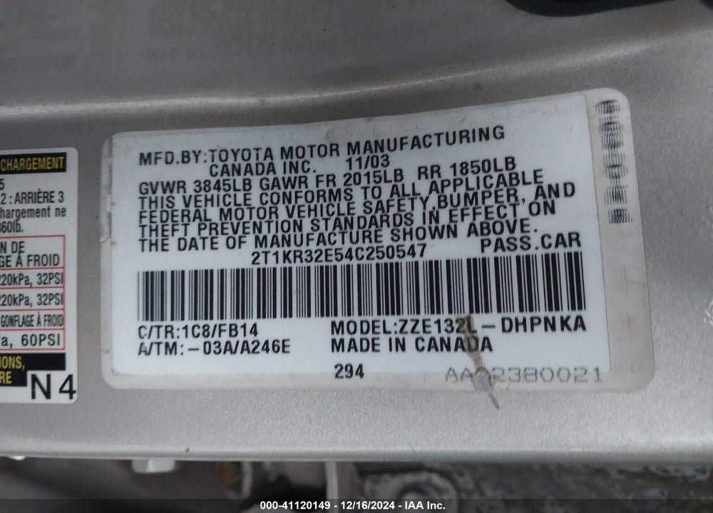 2004 TOYOTA MATRIX/XR VIN: 2T1KR32E54C250547