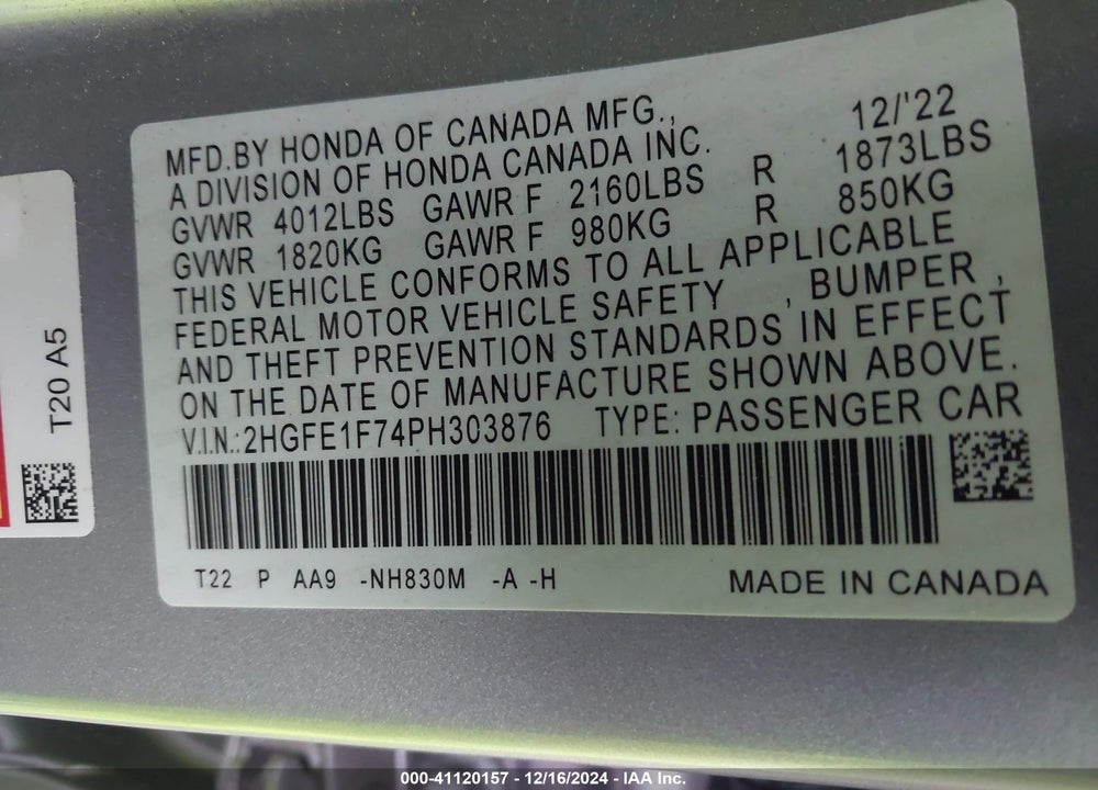 2023 HONDA CIVIC VIN: 2HGFE1F74PH303876