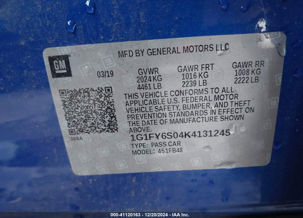2019 CHEVROLET BOLT EV VIN: 1G1FY6S04K4131245