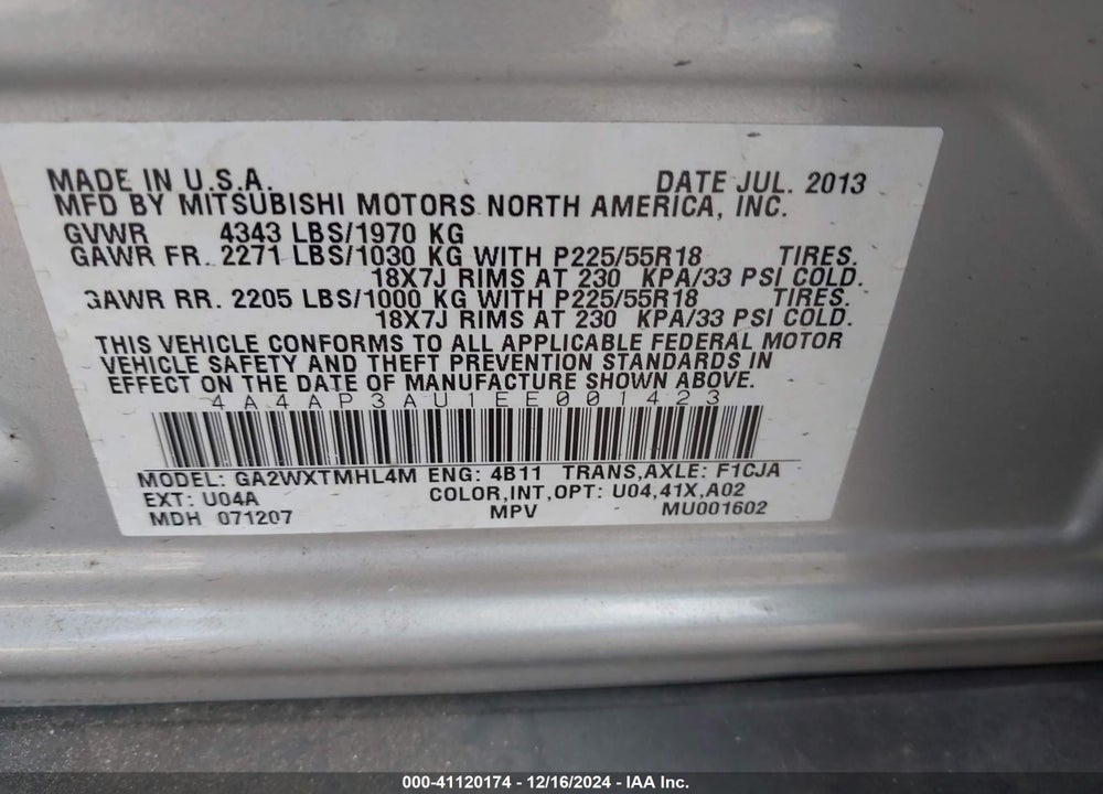 2014 MITSUBISHI OUTLANDER SPORT ES VIN: 4A4AP3AU1EE001423