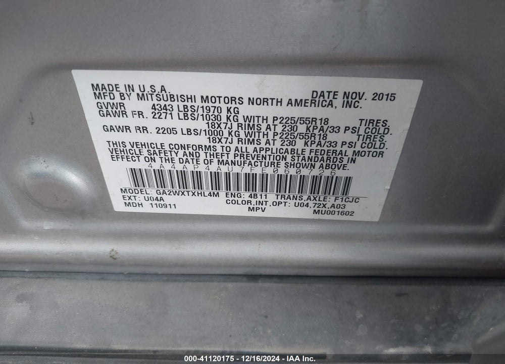 2015 MITSUBISHI OUTLANDER SPORT SE VIN: 4A4AP4AU7FE060726