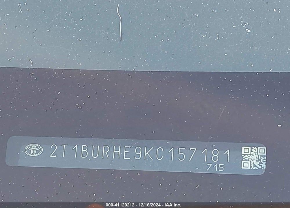 2019 TOYOTA COROLLA LE VIN: 2T1BURHE9KC157181