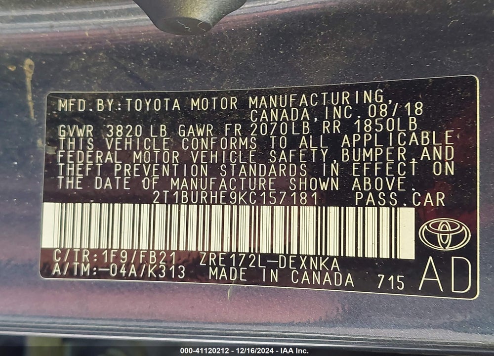 2019 TOYOTA COROLLA LE VIN: 2T1BURHE9KC157181