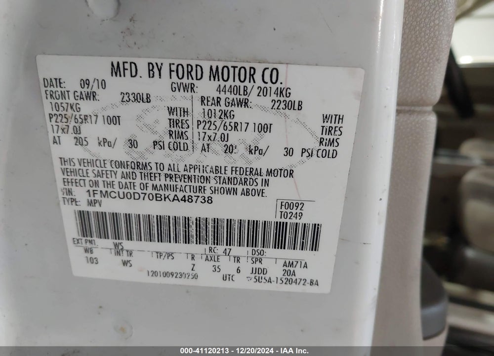 2011 FORD ESCAPE XLT VIN: 1FMCU0D70BKA48738