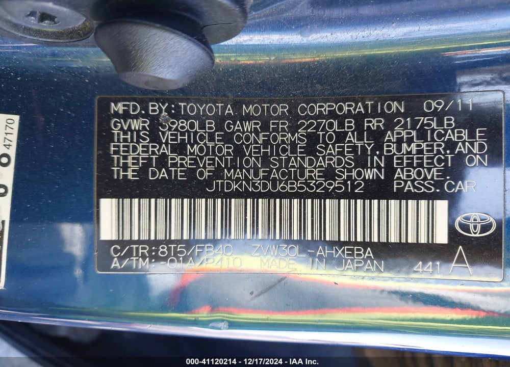 2011 TOYOTA PRIUS TWO VIN: JTDKN3DU6B5329512