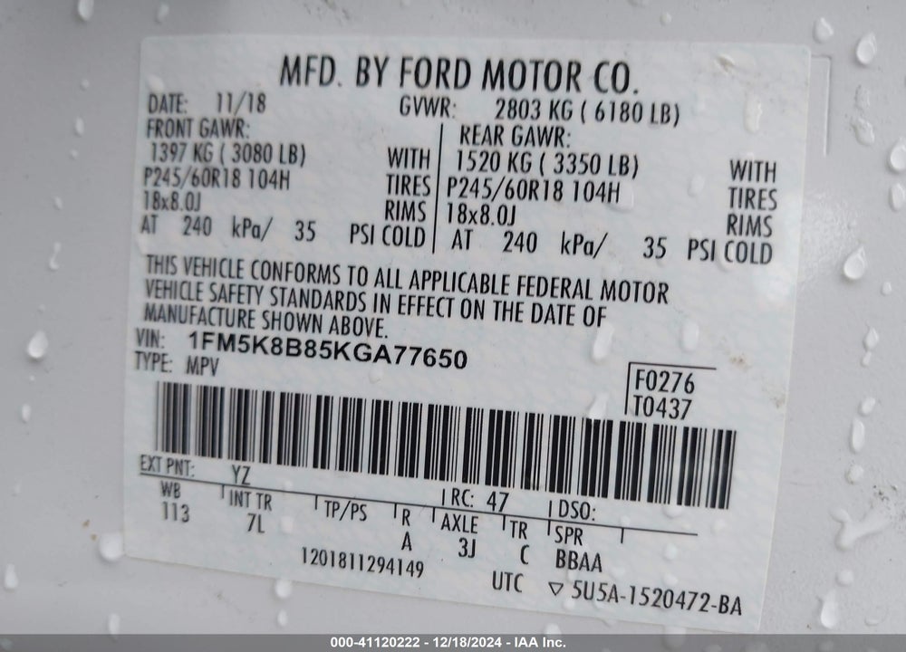 2019 FORD EXPLORER VIN: 1FM5K8B85KGA77650