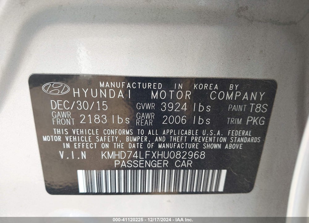 2017 HYUNDAI ELANTRA SE VIN: KMHD74LFXHU082968