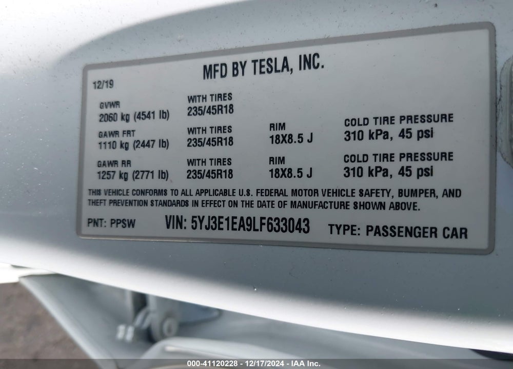 2020 TESLA MODEL 3 STANDARD RANGE PLUS REAR-WHEEL DRIVE/STANDARD RANGE REAR-WHEEL DRIVE VIN: 5YJ3E1EA9LF633043