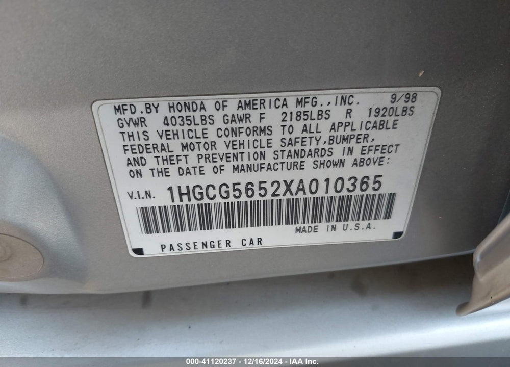 1999 HONDA ACCORD EX VIN: 1HGCG5652XA010365
