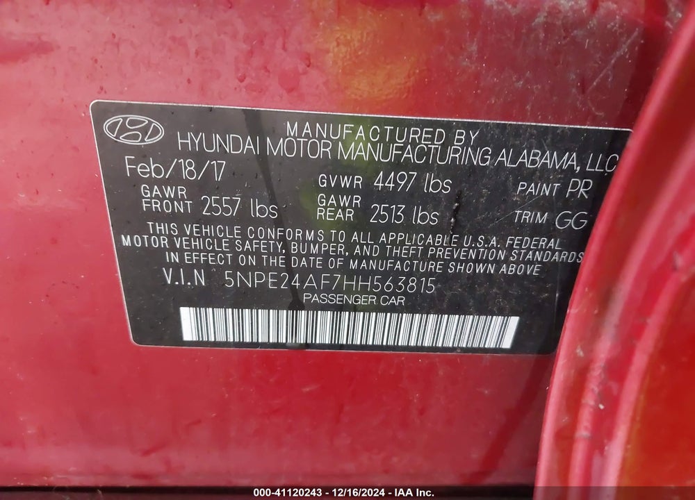 2017 HYUNDAI SONATA VIN: 5NPE24AF7HH563815