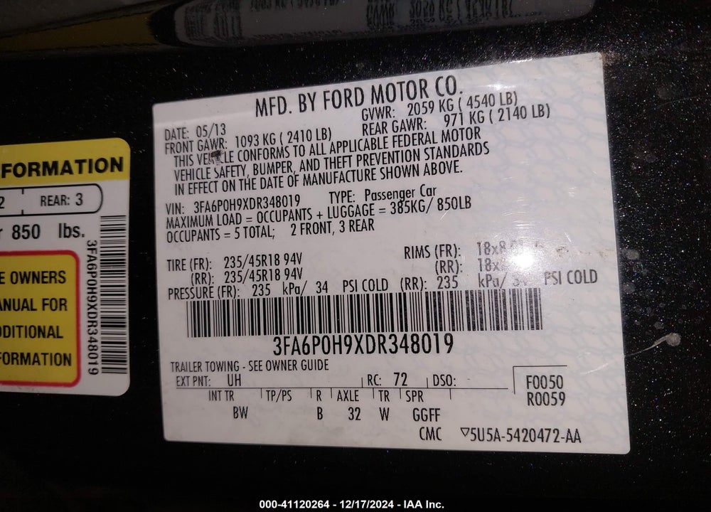 2013 FORD FUSION SE VIN: 3FA6P0H9XDR348019