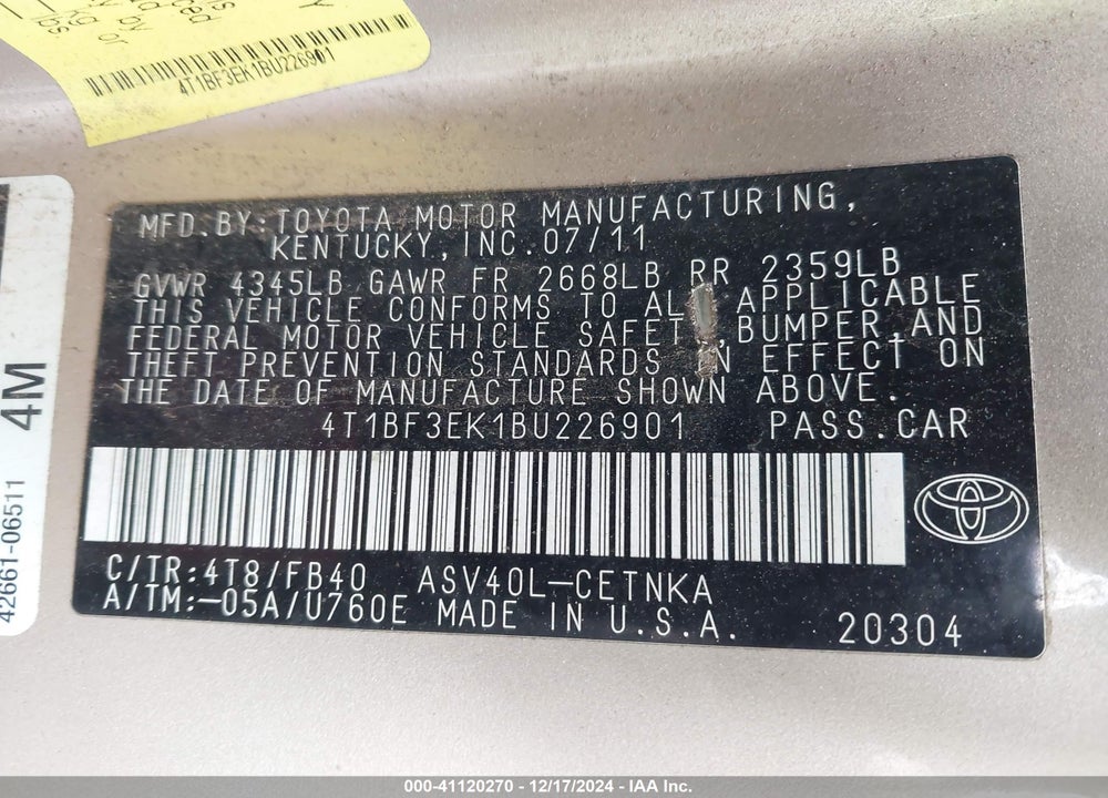 2011 TOYOTA CAMRY VIN: 4T1BF3EK1BU226901