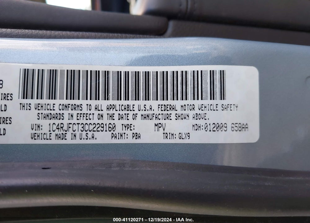 2012 JEEP GRAND CHEROKEE OVERLAND VIN: 1C4RJFCT3CC229160