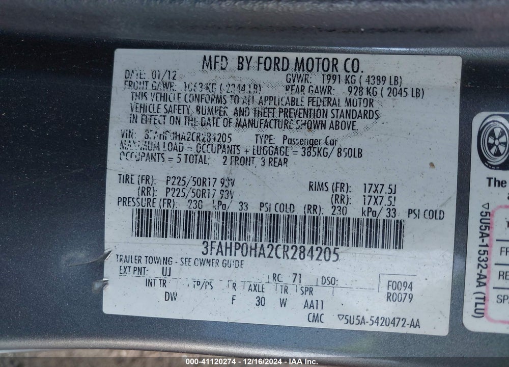 2012 FORD FUSION SE VIN: 3FAHP0HA2CR284205