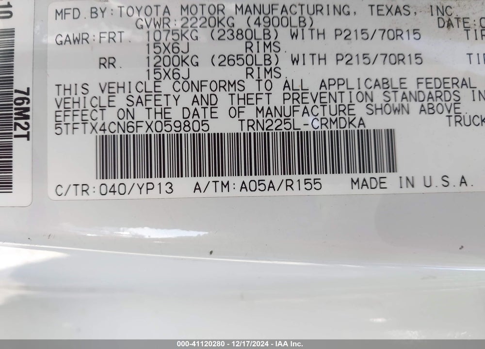 2015 TOYOTA TACOMA VIN: 5TFTX4CN6FX059805