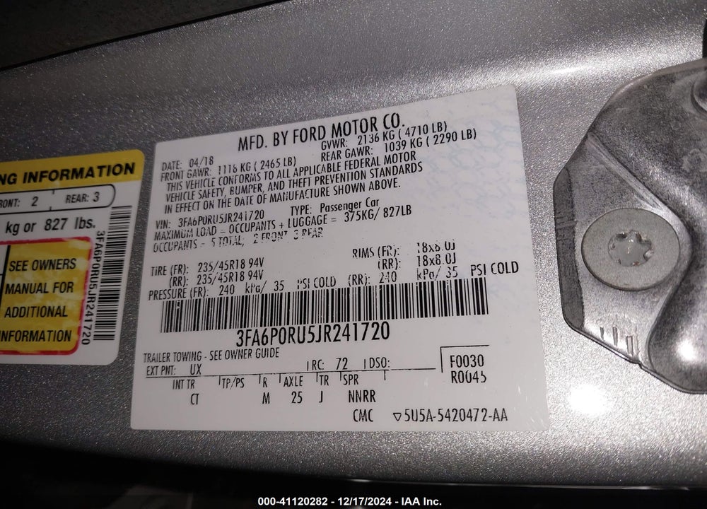 2018 FORD FUSION HYBRID TITANIUM VIN: 3FA6P0RU5JR241720