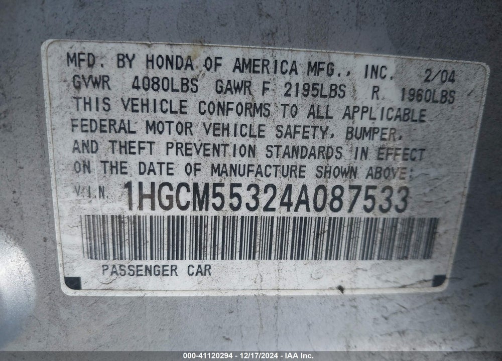 2004 HONDA ACCORD 2.4 LX VIN: 1HGCM55324A087533