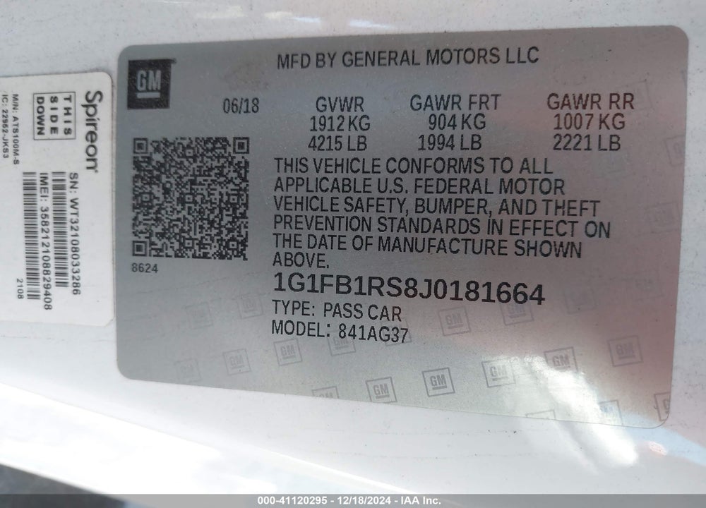 2018 CHEVROLET CAMARO 1LT VIN: 1G1FB1RS8J0181664