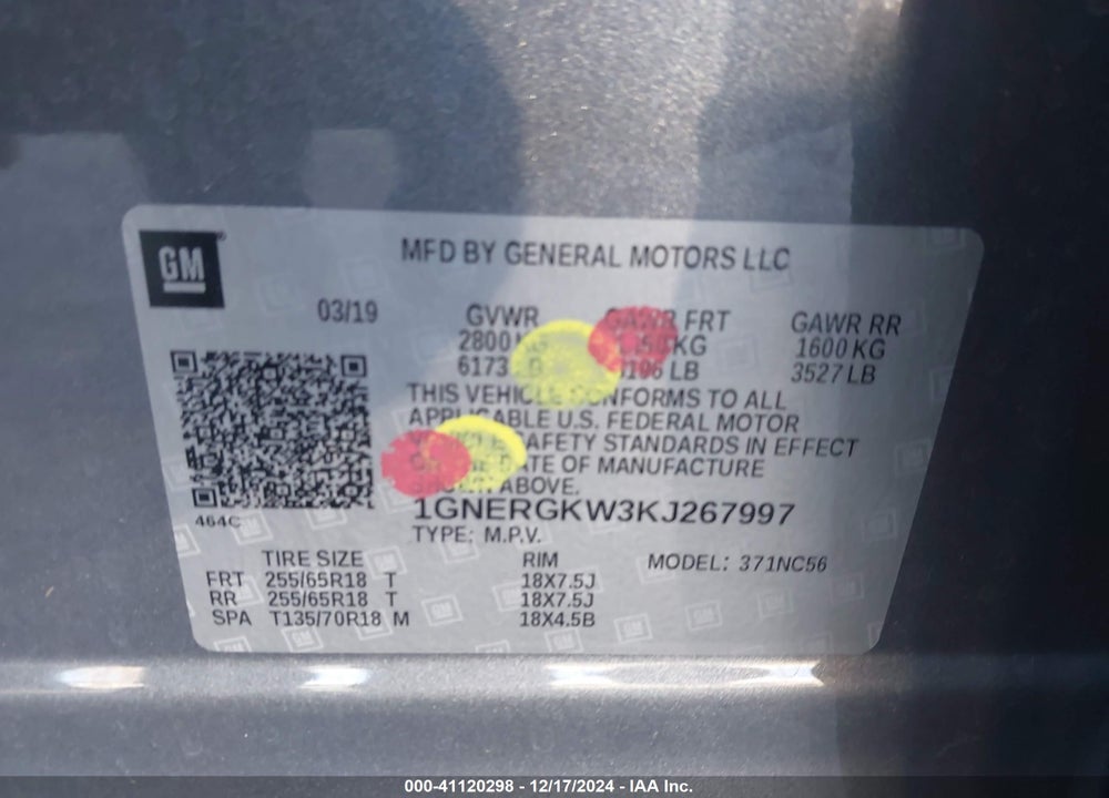 2019 CHEVROLET TRAVERSE 1LT VIN: 1GNERGKW3KJ267997