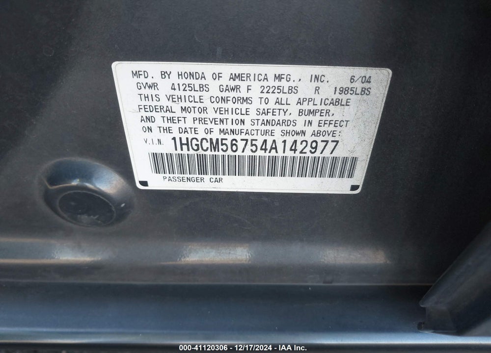 2004 HONDA ACCORD 2.4 EX VIN: 1HGCM56754A142977