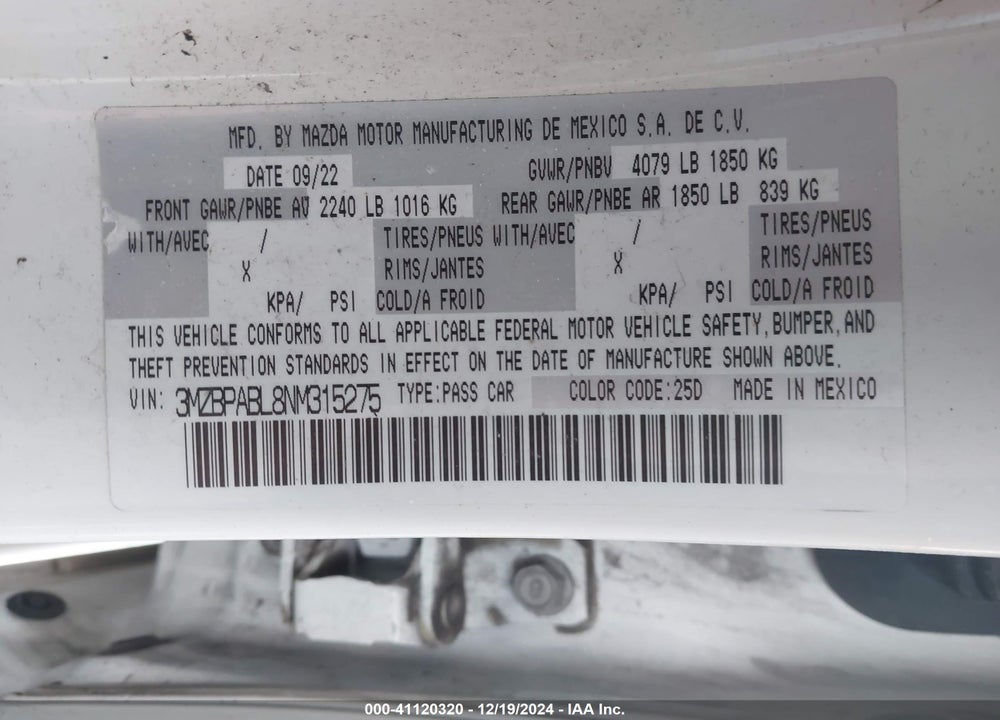 2022 MAZDA 3 VIN: 3MZBPABL8NM315275