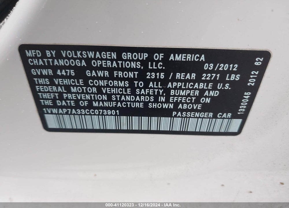 2012 VOLKSWAGEN PASSAT 2.5L S VIN: 1VWAP7A33CC073901