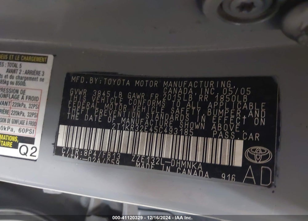 2005 TOYOTA MATRIX/XR VIN: 2T1KR32E45C493185