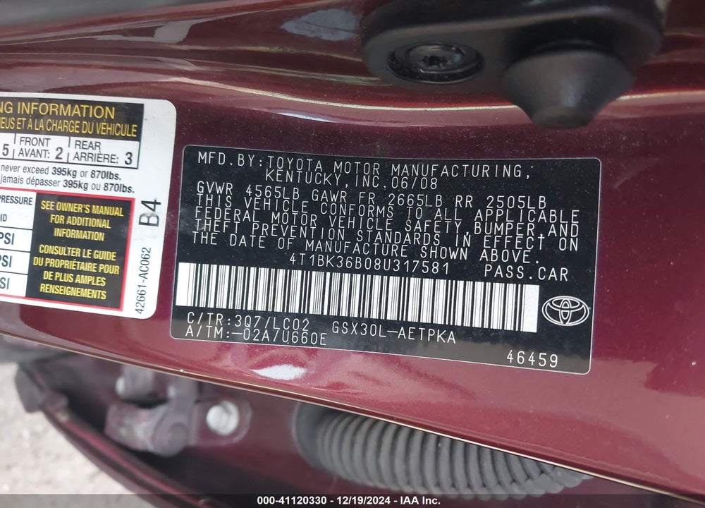 2008 TOYOTA AVALON LIMITED VIN: 4T1BK36B08U317581