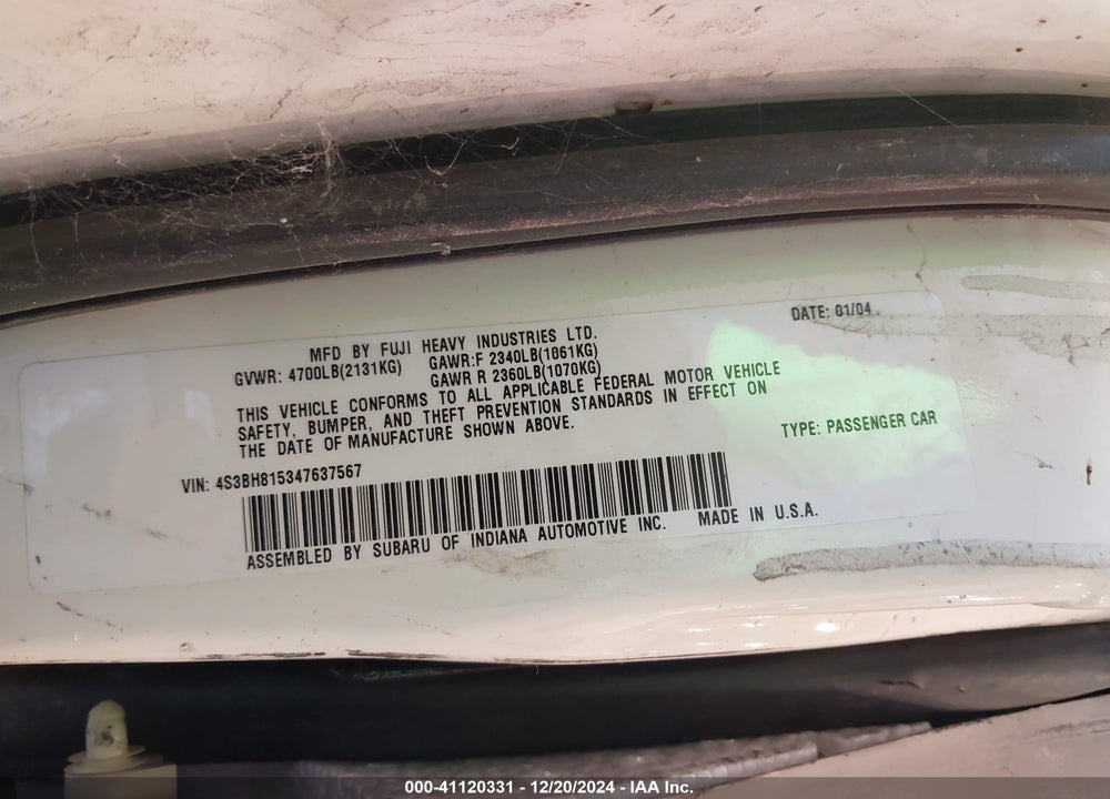 2004 SUBARU OUTBACK H6-3.0 W/35TH ANNIVERSARY EDITION VIN: 4S3BH815347637567