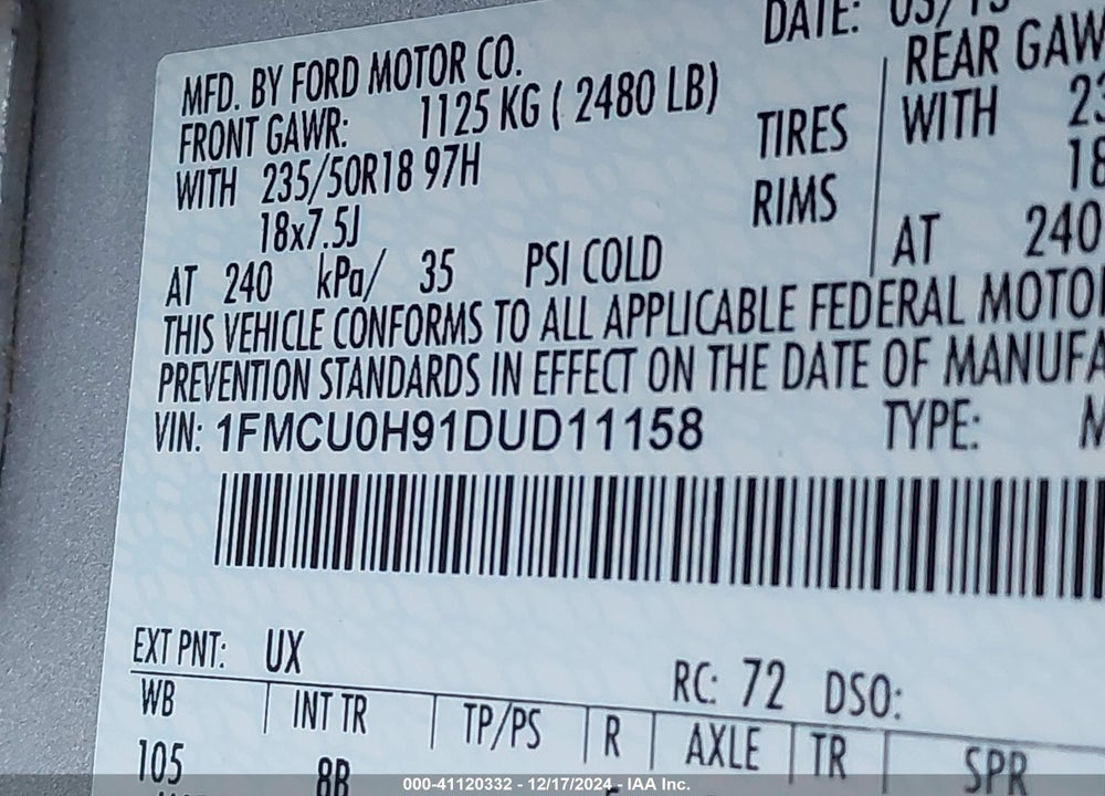 2013 FORD ESCAPE SEL VIN: 1FMCU0H91DUD11158
