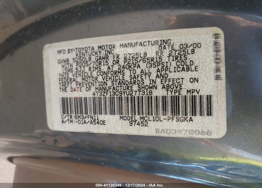 2000 TOYOTA SIENNA LE VIN: 4T3ZF13C9YU277318