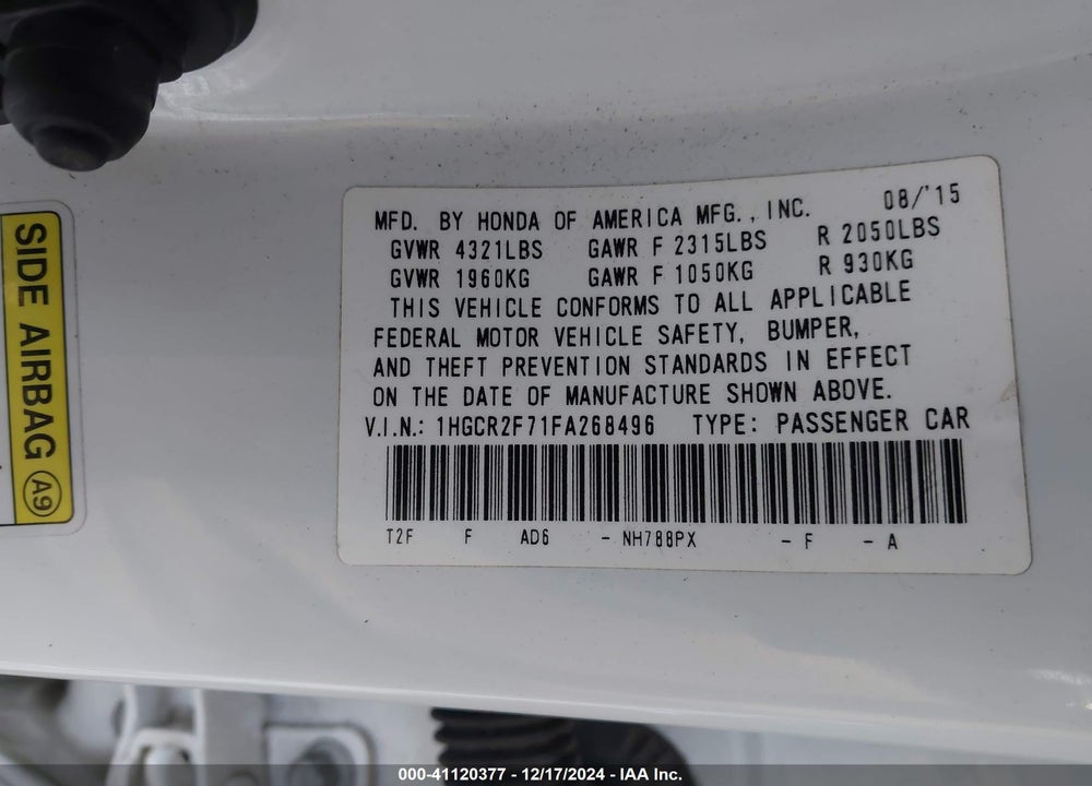 2015 HONDA ACCORD EX VIN: 1HGCR2F71FA268496