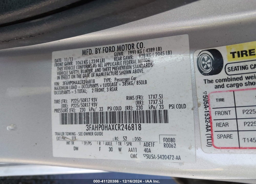 2012 FORD FUSION SE VIN: 3FAHP0HAXCR246818
