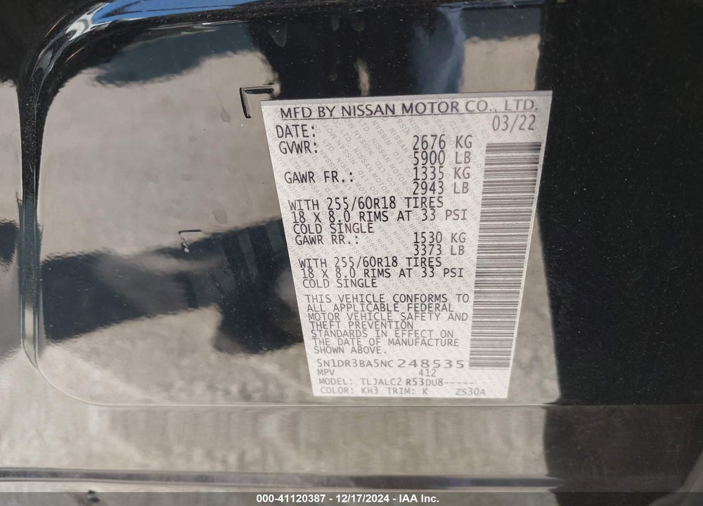 2022 NISSAN PATHFINDER SV 2WD VIN: 5N1DR3BA5NC248535
