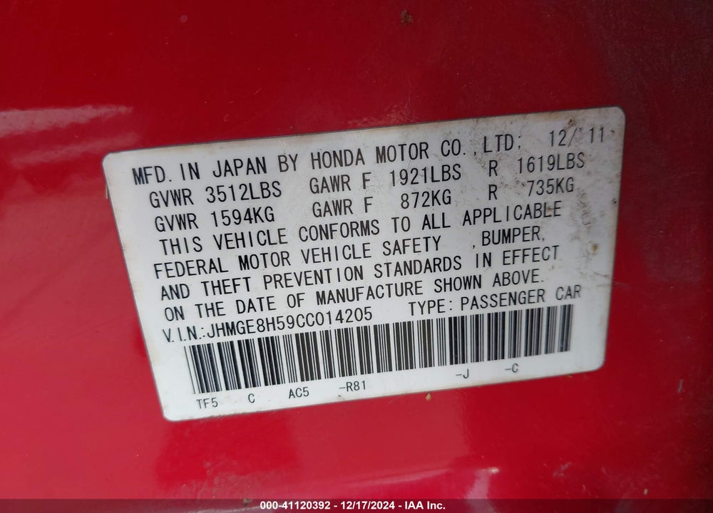 2012 HONDA FIT SPORT VIN: JHMGE8H59CC014205