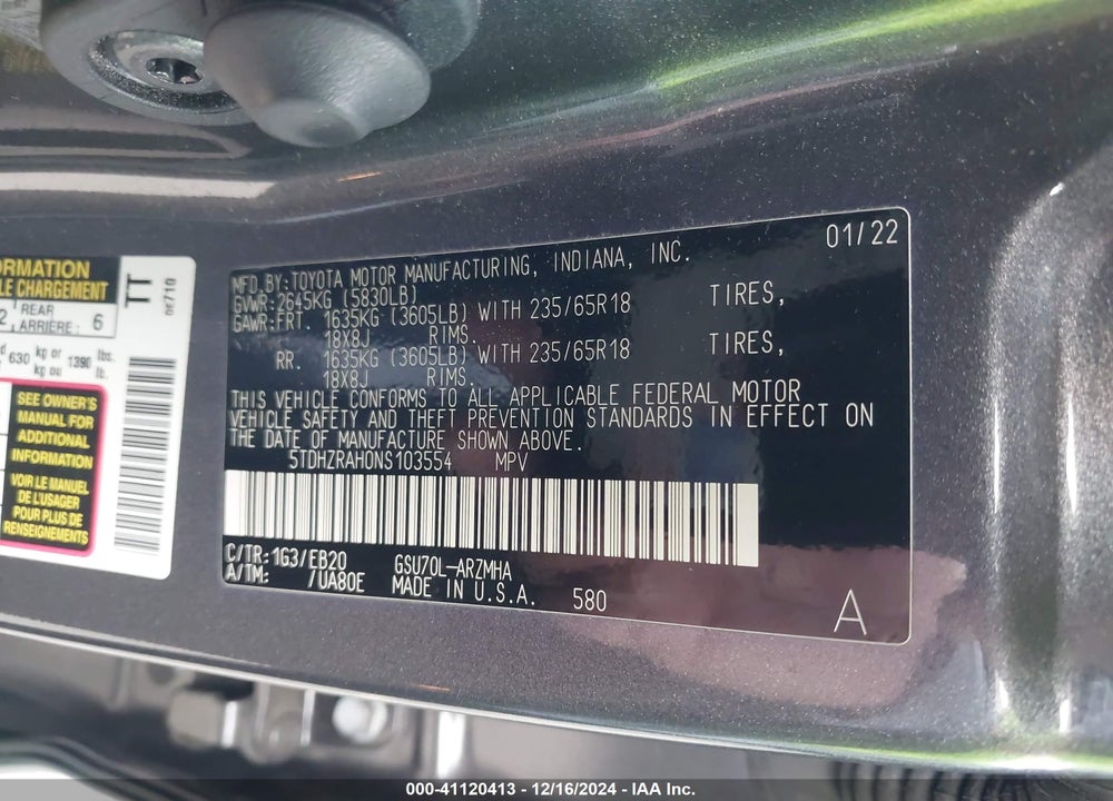2022 TOYOTA HIGHLANDER XLE VIN: 5TDHZRAH0NS103554