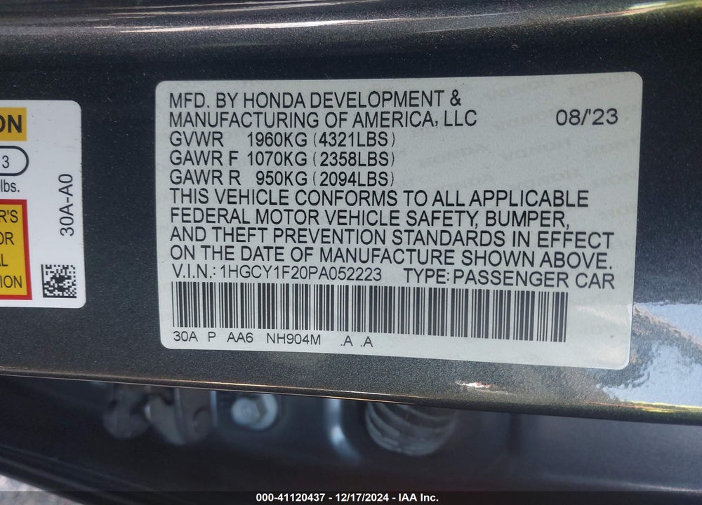 2023 HONDA ACCORD VIN: 1HGCY1F20PA052223