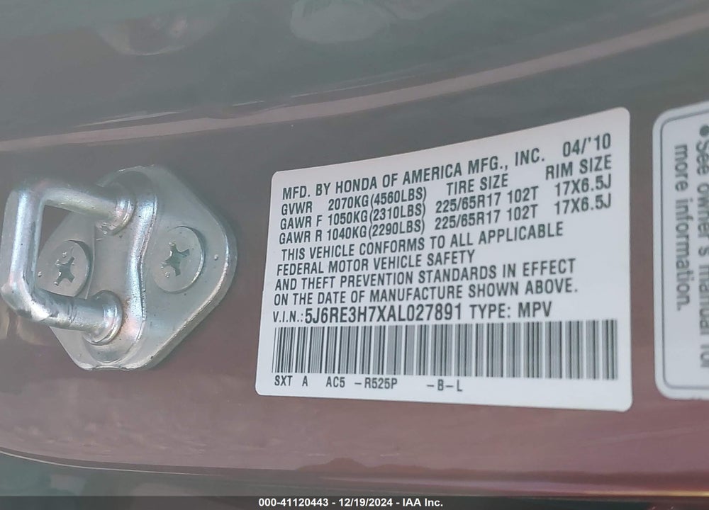 2010 HONDA CR-V EX-L VIN: 5J6RE3H7XAL027891