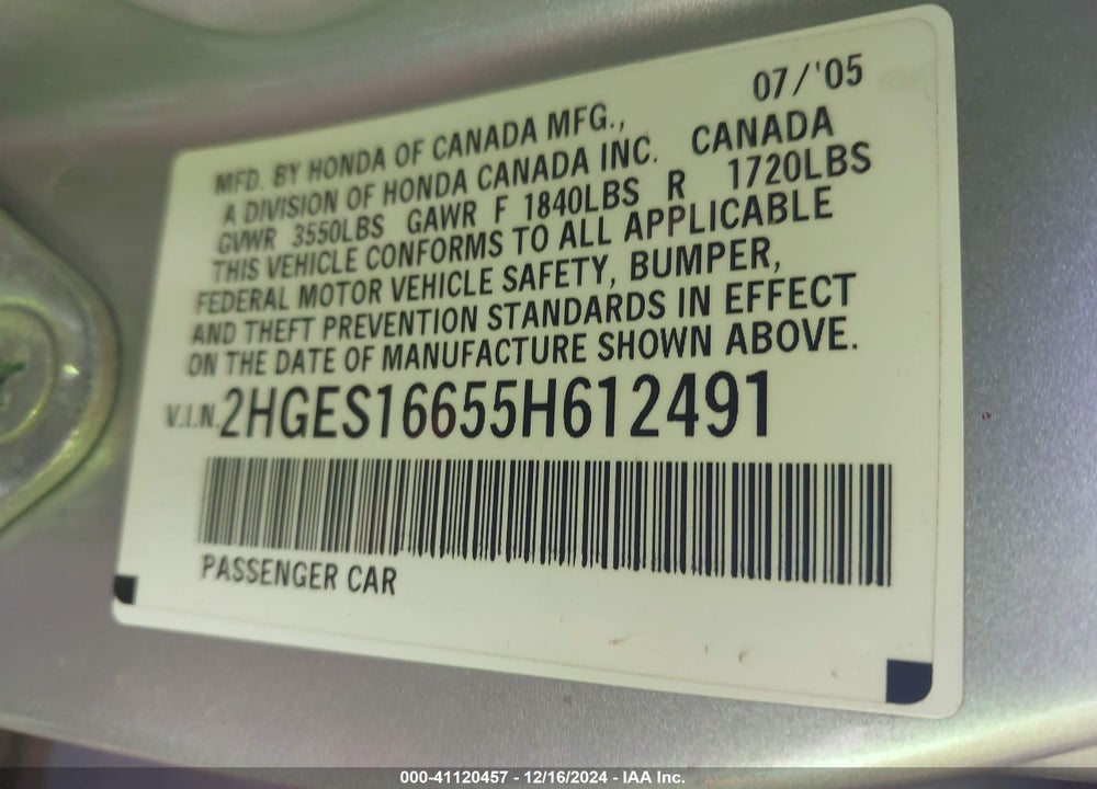 2005 HONDA CIVIC LX VIN: 2HGES16655H612491