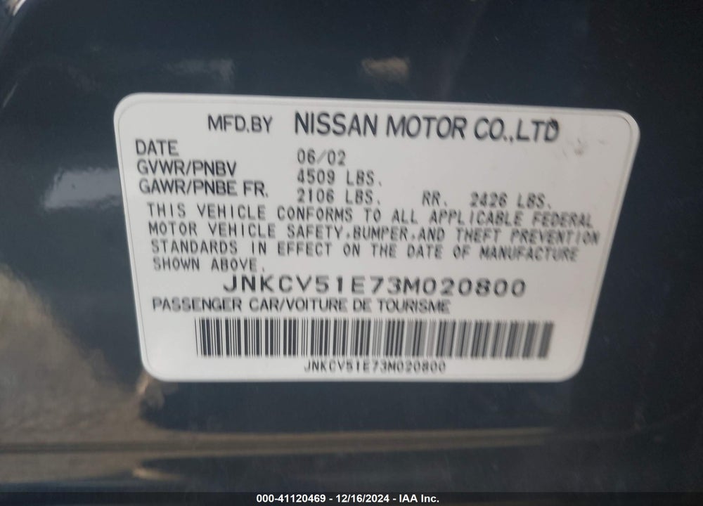 2003 INFINITI G35 BASE W/6 SPEED MANUAL VIN: JNKCV51E73M020800