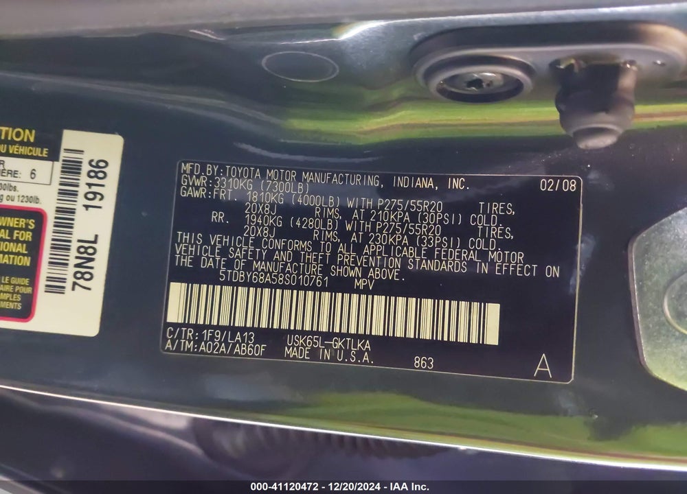 2008 TOYOTA SEQUOIA VIN: 5TDBY68A58S010761